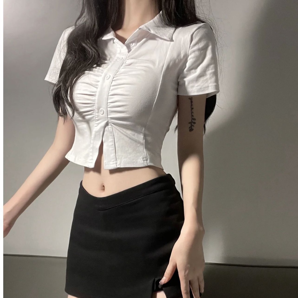 Áo Sơ Mi Trắng Phong Cách Thanh Lịch Cho Nữ Áo Kiểu Tay Ngắn Dáng Ôm Thời Trang Mùa Hè Cá Tính Cho Nữ