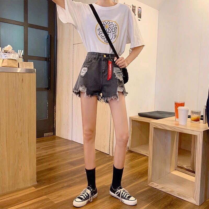 Phong Cách Mới ~ Quần Short Denim Lưng Cao Dáng Rộng Mỏng Mùa Hè Rách Gối Phong Cách Mới Cho Nữ