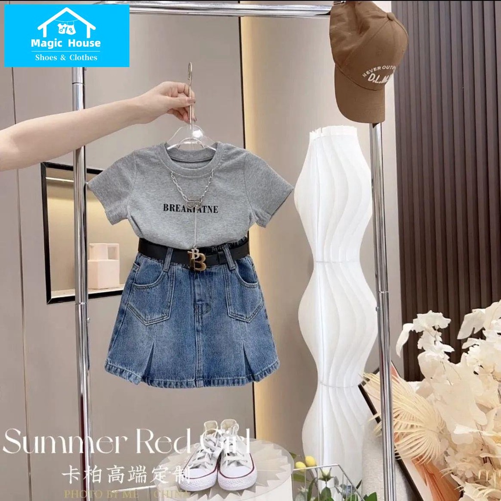 Set Áo Thun Ngắn Tay In Chữ + Chân Váy Denim Ngắn Thời Trang Hè Hàn Quốc Mới 2023 Cho Bé Gái