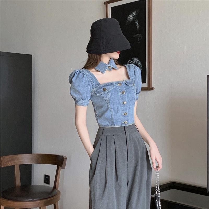 Áo Sơ Mi Denim Tay Ngắn Phồng Cổ Vuông Eo Cao Thời Trang Mùa Hè Dành Cho Nữ