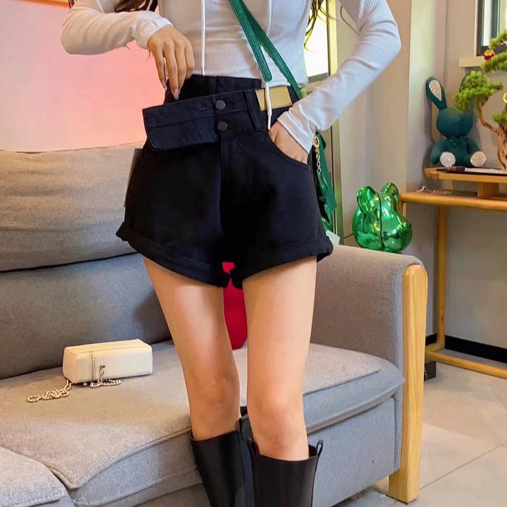 Quần Short Denim Lưng Cao Ống Rộng Phong Cách Hàn Quốc Mới Cho Nữ