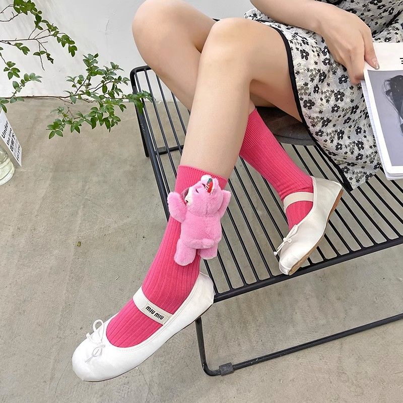 Vớ bông mới,Mô hình gấu hồng và dâu tây dễ thương,Stereo 3D Stereo Cartoon Doll Cub Girl Growth Cartoon Socks Dễ thương và thoải mái
