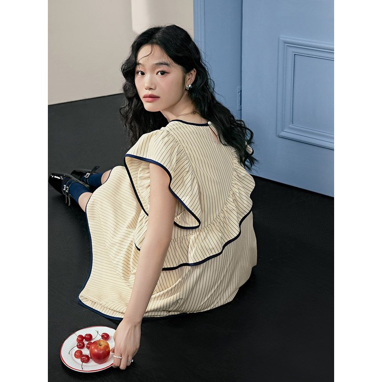 Đầm Ngắn Không Tay Viền Bèo Họa Tiết Kẻ Sọc Thời Trang Mùa Hè Phong Cách Mới Cho Nữ