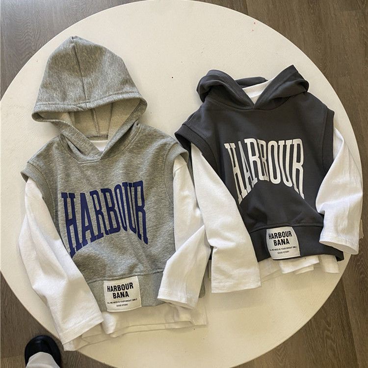 Áo Hoodie Giả Hai Mảnh Họa Tiết Chữ Phong Cách Mới 2023 Cho Bé Trai