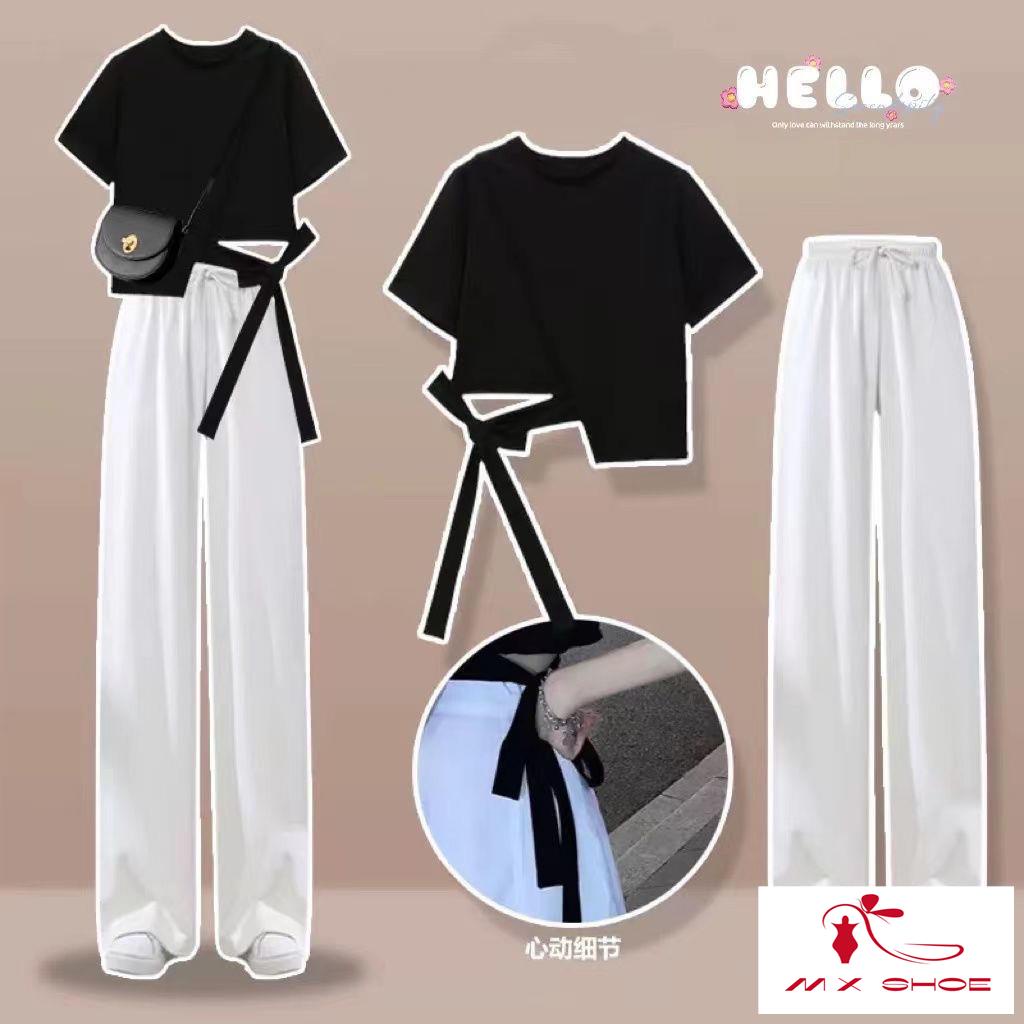 Set Áo Thun Ngắn Tay + Quần Dài Ống Rộng Thời Trang Hè 2023 Cho Nữ