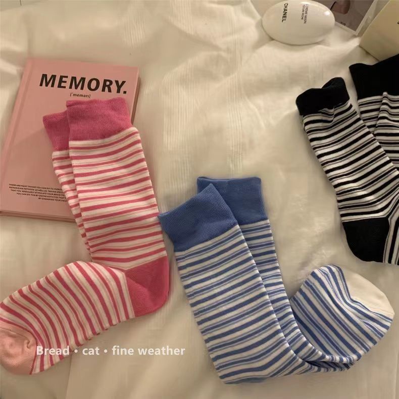 Vớ WAFNHA D799 cotton họa tiết kẻ sọc thời trang thu đông cho nữ