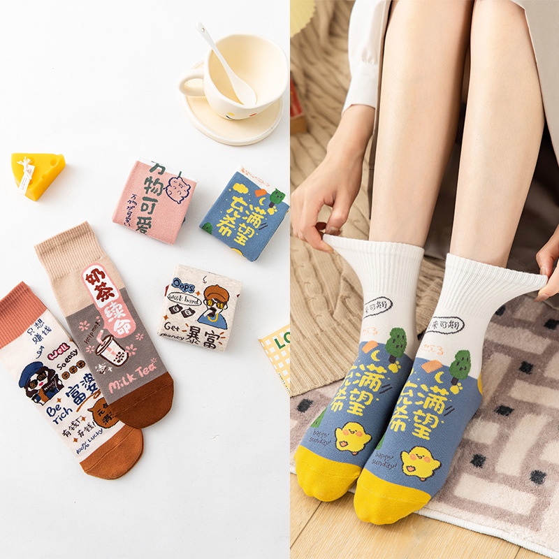 Vớ WAFNHA D803 cotton cổ cao họa tiết vịt hoạt hình thời trang thu đông xinh xắn cho nữ