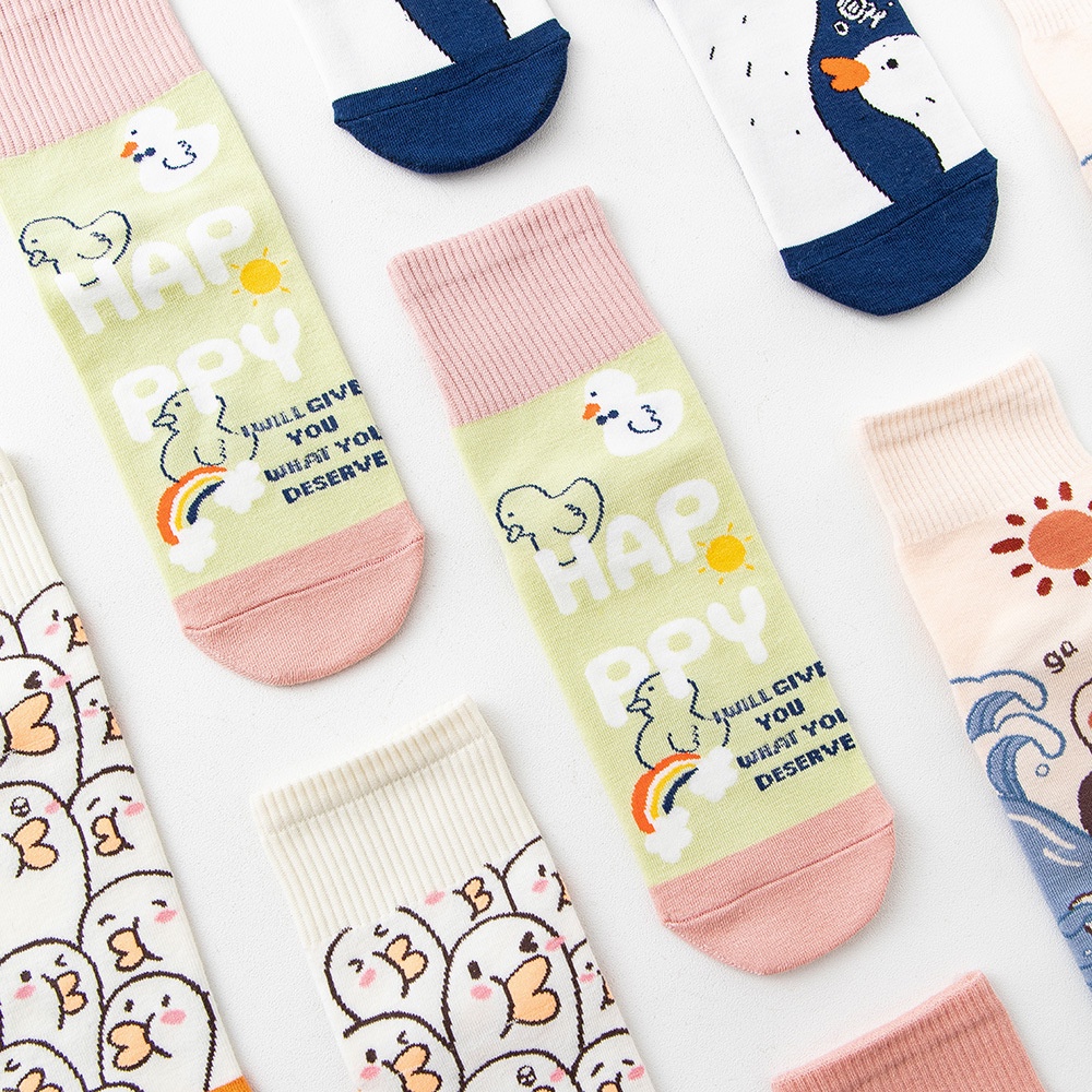 Vớ WAFNHA D803 cotton cổ cao họa tiết vịt hoạt hình thời trang thu đông xinh xắn cho nữ