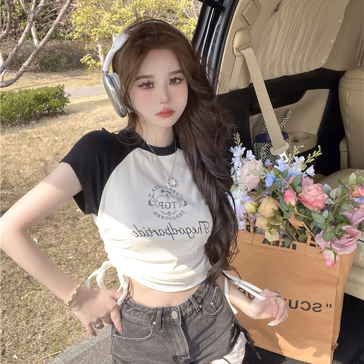 COZOK Áo Thun Ngắn Tay Ôm Dáng Phối Dây Rút Thời Trang