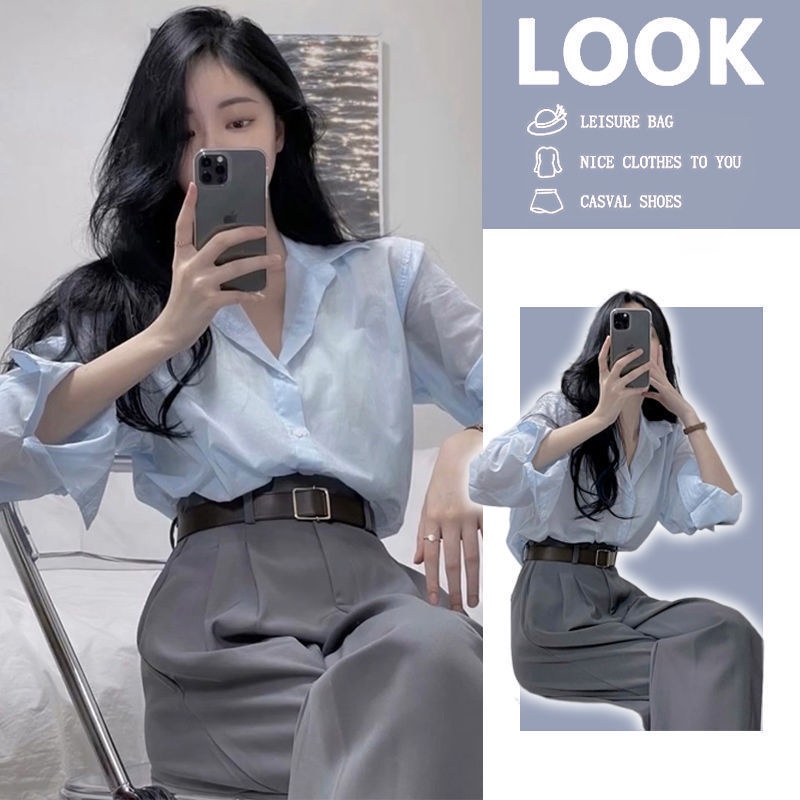 Salt Bộ Áo Sơ Mi Xám Dáng Ôm + Quần Dài Thẳng Thời Trang Xuân Thu 2023 Cao Cấp Dành Cho Nữ 4.8