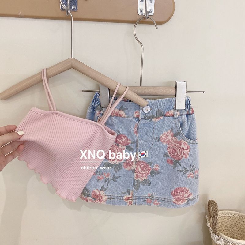 Aiyaya đồ bộ cho bé gái Vest hồng + Chân váy denim họa tiết hoa hồng bộ 2 mảnh thời trang mùa hè 2-8 tuổi