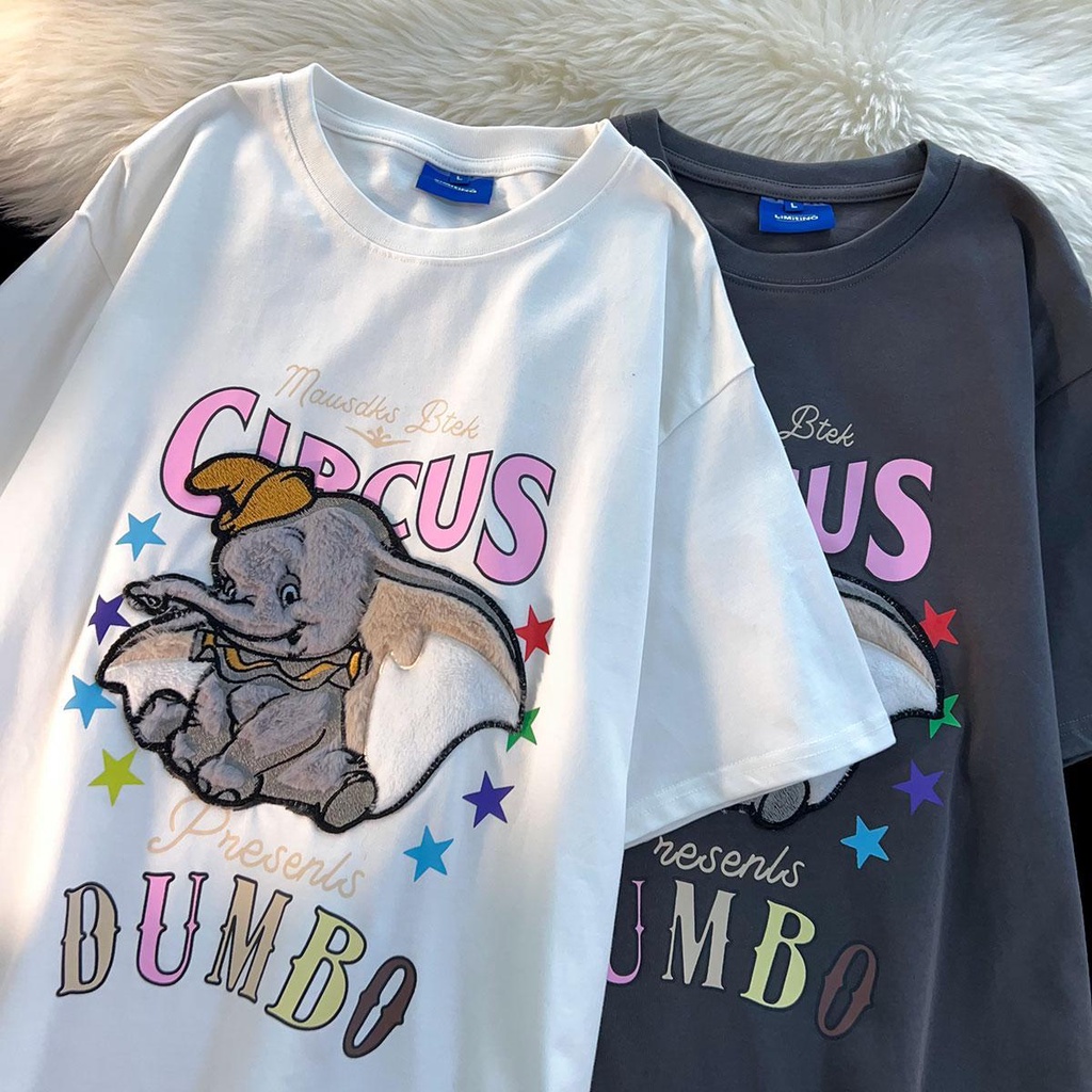 Áo Thun 100% Cotton Tay Ngắn Dáng Rộng Thêu Họa Tiết Voi Dumbo Dễ Thương Cho Cặp Đôi