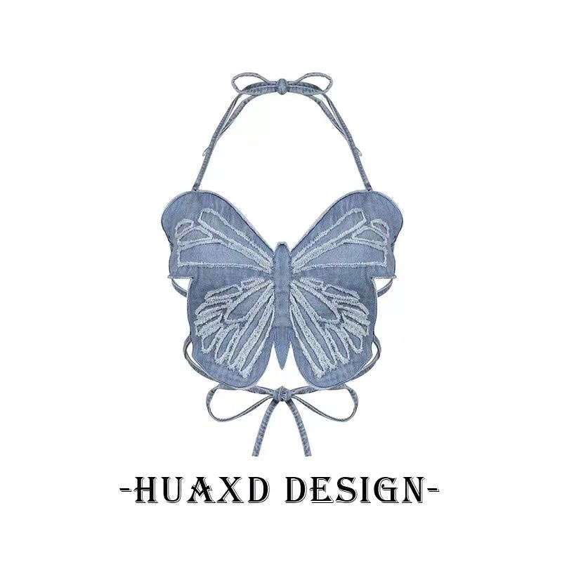 Millennium Áo Denim Hai Dây Cổ Yếm Hình Bướm Thiết Kế Ngọt Ngào Cho Nữ Y2K