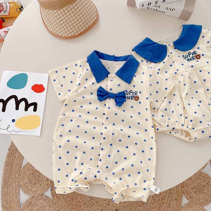Áo Liền Quần Polo Bằng Cotton Trơn Tay Ngắn Cài Nút Thiết Kế Cà Vạt Phong Cách Hàn Quốc Thời Trang Mùa Hè Mới Cho Bé Trai Và Gái 0-24 Tháng Tuổi