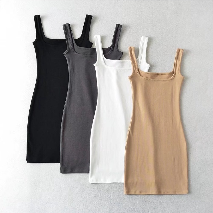 Siêu Co Giãn Slim-fit Slimmer Look Low-cut Ngực Đầm hông Cô Gái Nóng Váy Đáy Bên Trong Kendou Va Chạm Phong Cách Mỹ Váy Cổ Vuông Váy Gợi Cảm Váy Ngắn Màu Đen Váy Treo Cổ Một Chữ