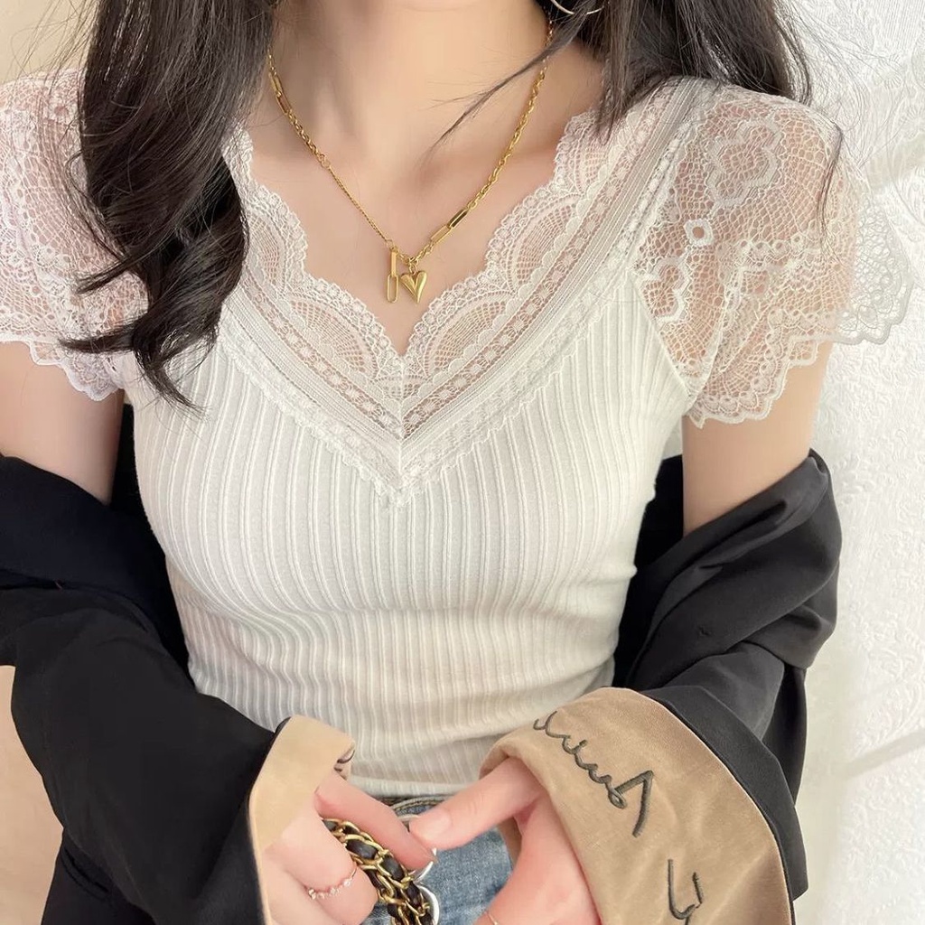 Áo Thun Tay Ngắn Cổ Chữ V Bằng Vải Cotton Phối Ren Thời Trang Cho Nữ 3 Tuổi