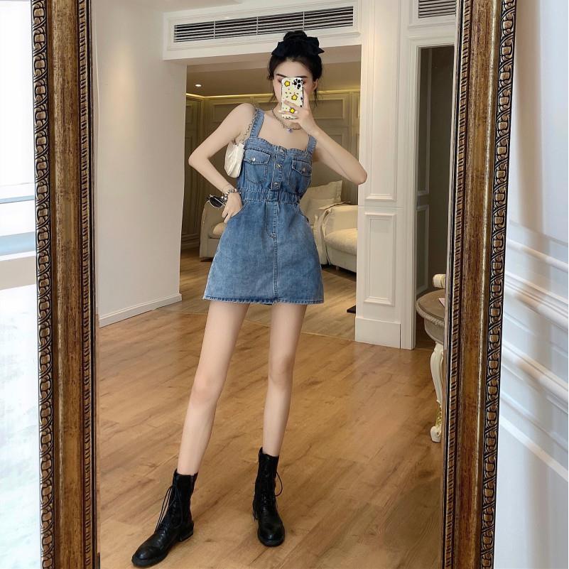 [F &amp; X] Đầm Denim Hai Dây Ngắn Xếp Ly Ôm Eo Nhỏ Thiết Kế Độc Đáo Phong Cách Phương Tây Thời Trang Mùa Hè Mới Dành Cho Bạn Nữ