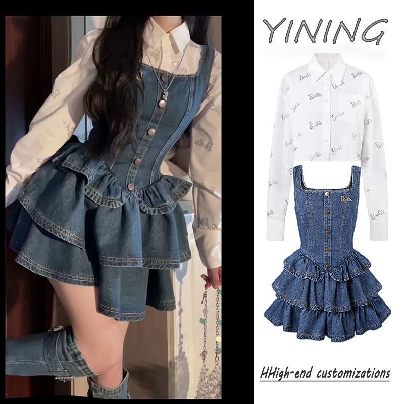 [F &amp; X] Set Đầm Denim Hai Dây Xếp Tầng Dáng Ngắn Tay Dài Thiết Kế Độc Đáo Cho Búp Bê Barbie