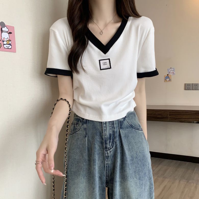 Áo Thun Ngắn Tay Cổ Chữ V Màu Sắc Tương Phản Thời Trang Mùa Hè Thoải Mái