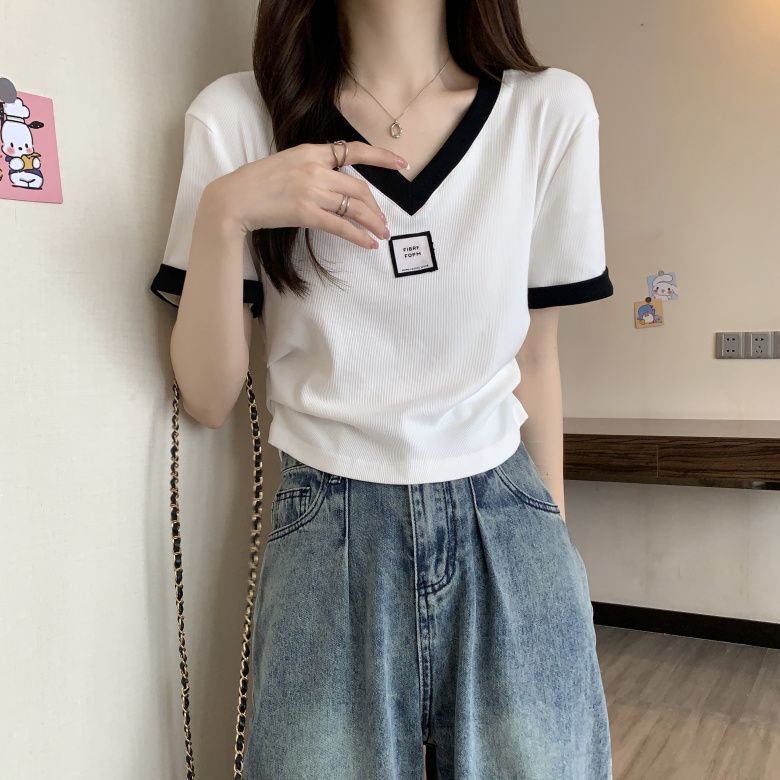 Áo Thun Ngắn Tay Cổ Chữ V Màu Sắc Tương Phản Thời Trang Mùa Hè Thoải Mái