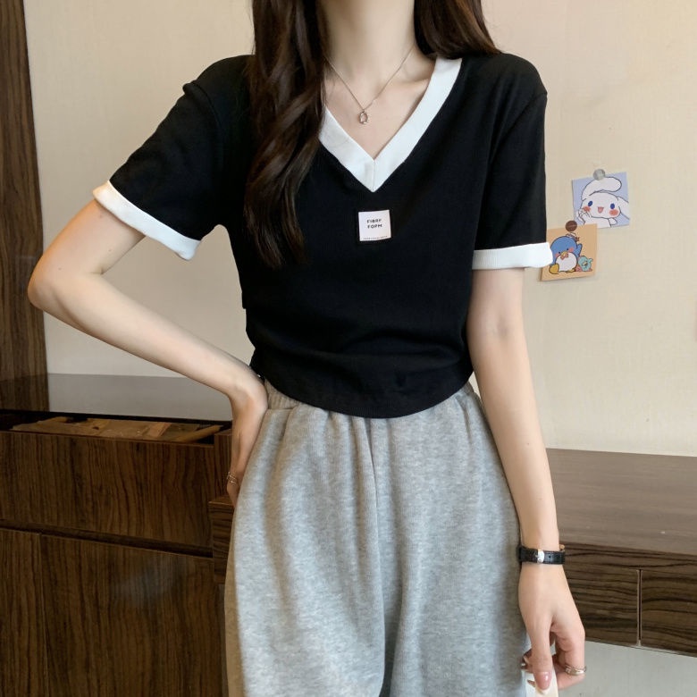 Áo Thun Ngắn Tay Cổ Chữ V Màu Sắc Tương Phản Thời Trang Mùa Hè Thoải Mái