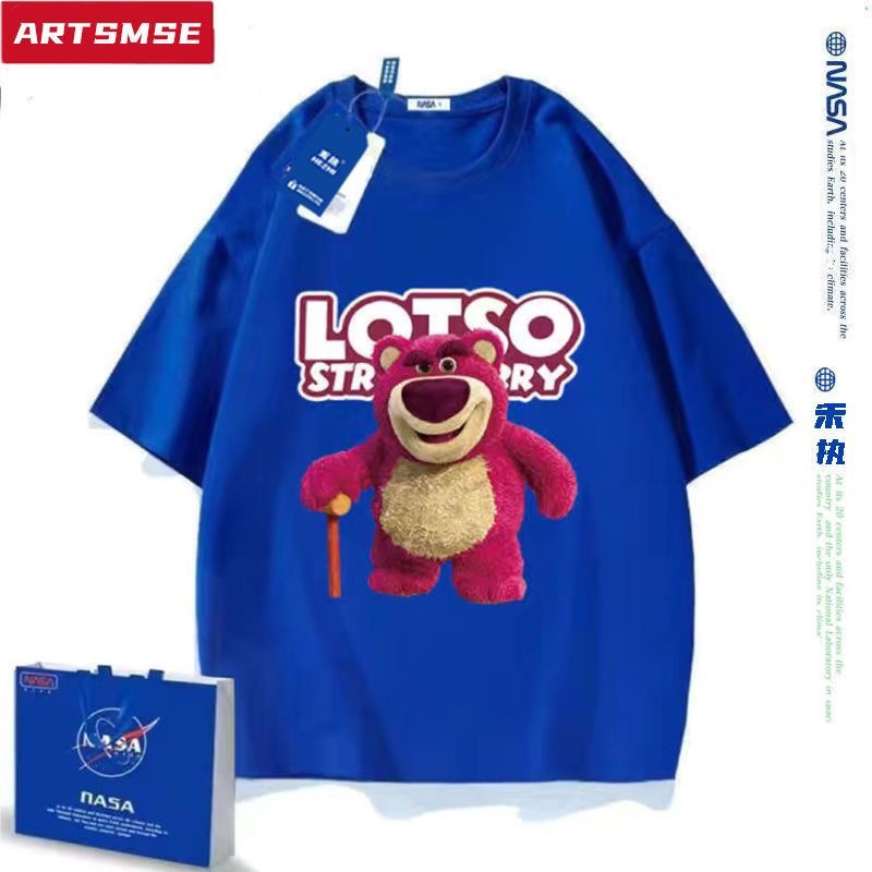NASA Áo Thun Cotton Ngắn Tay Dáng Rộng In Hình Gấu / Dâu Tây Màu Trơn Dễ Thương Thời Trang Mùa Hè Cho Cặp Đôi
