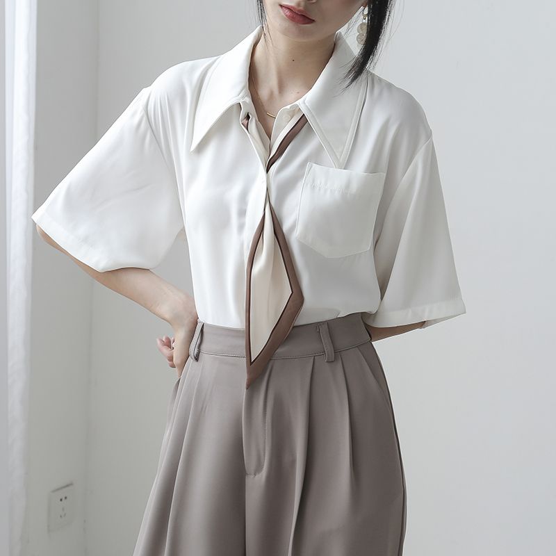 Áo Sơ Mi Chiffon Tay Ngắn Màu Trắng Cà Vạt Thời Trang Mùa Hè 2022 Mới