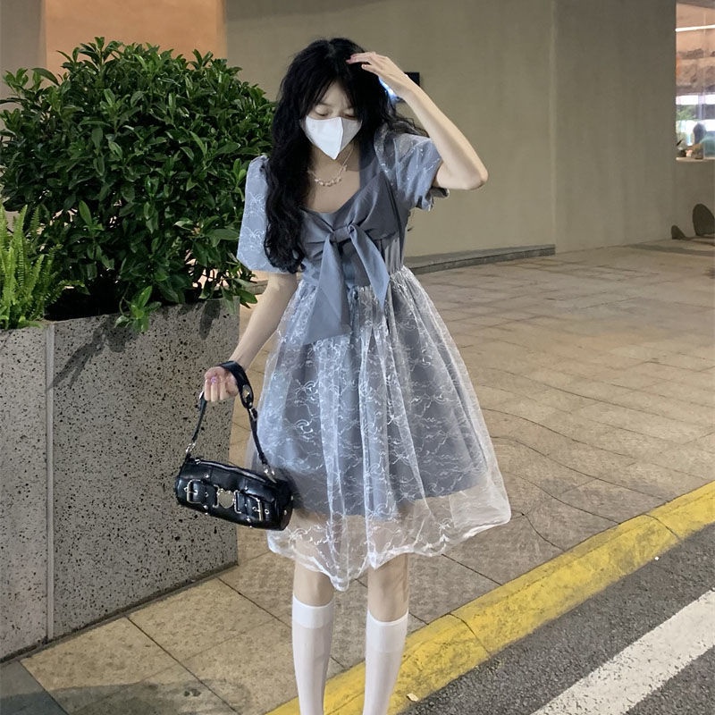 Đầm Dài Qua Gối Tay Phồng Đính Nơ Phong Cách Retro Pháp Thời Trang Mùa Hè Dành Cho Học Sinh