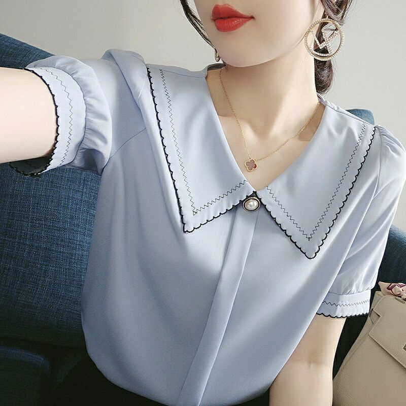 Áo Sơ Mi Chiffon Mùa Hè 2023 Tay Ngắn Cổ Búp Bê Phong Cách Hàn Quốc Thiết Kế Mới Cho Nữ