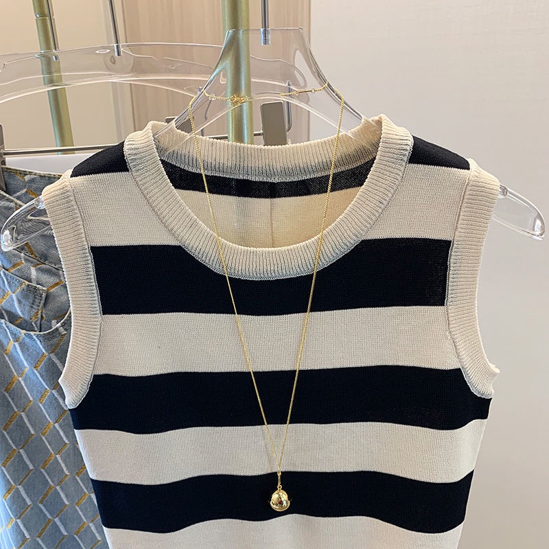 Áo Thun Dệt Kim Sát Nách Cổ Tròn Hoạ Tiết Kẻ Sọc Cho Phái Nữ