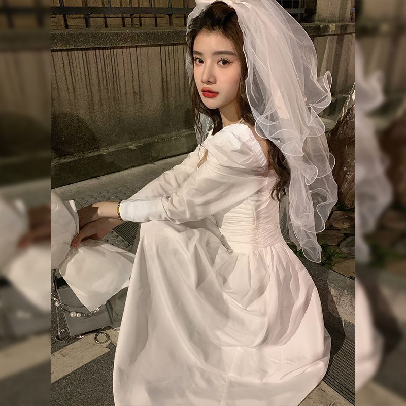 Đầm Trắng Dài Tay Lãng Mạn Thời Trang Mùa Thu Pháp Mới Cho Nữ