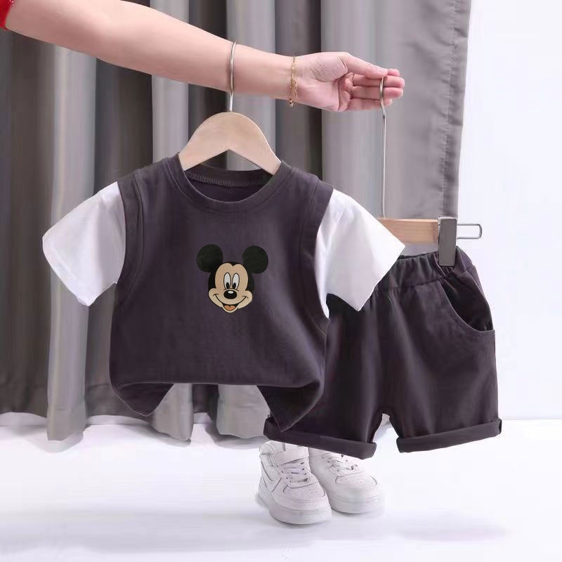 Bộ Đầm Hai Mảnh Mùa Hè Tay Cộc Ghép Màu Trơn In Họa Tiết Hoạt Hình Thông Dụng Cho Bé Trai