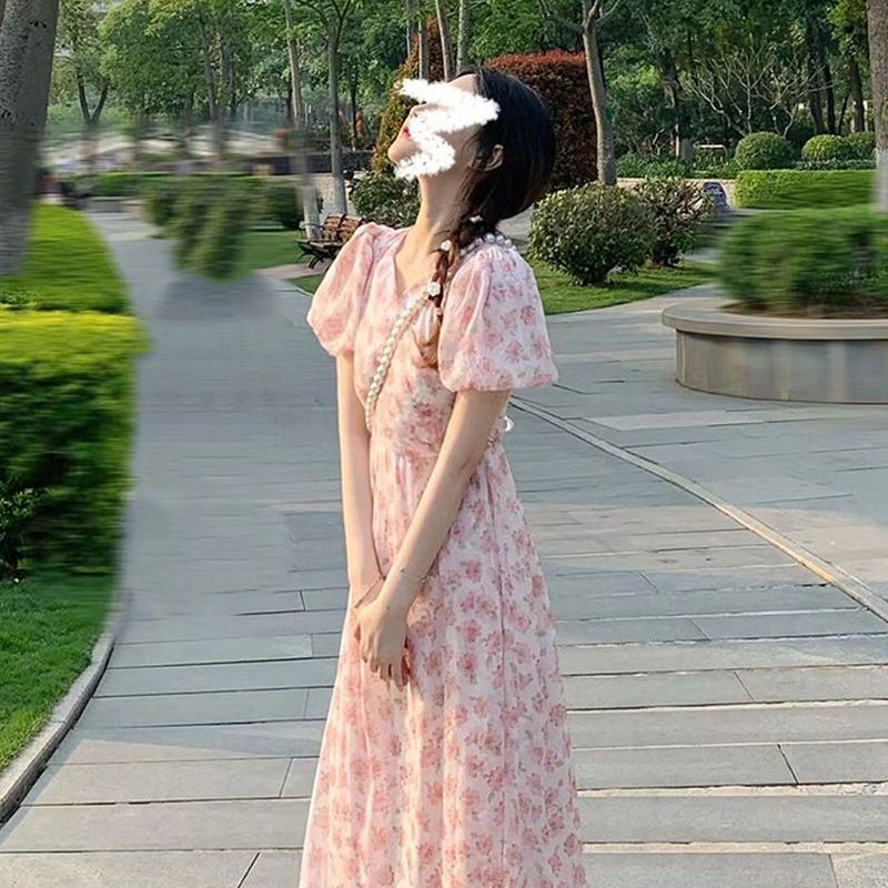 Mori First Love Đầm Dài Tay Phồng Nhấn Eo Hẹp Eo Hẹp In Hoa Kiểu Pháp Thanh Lịch Mùa Hè