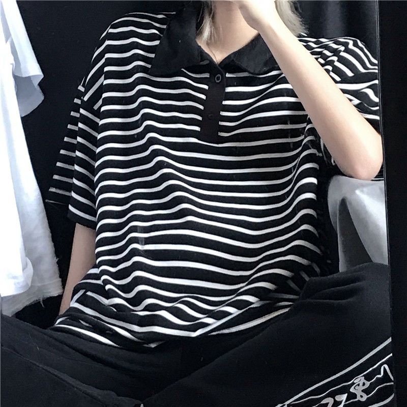 Áo polo Tay Ngắn Dáng Rộng Họa Tiết Kẻ Sọc Thời Trang Mùa Hè Phong Cách Hàn Quốc Mới Cho Nữ