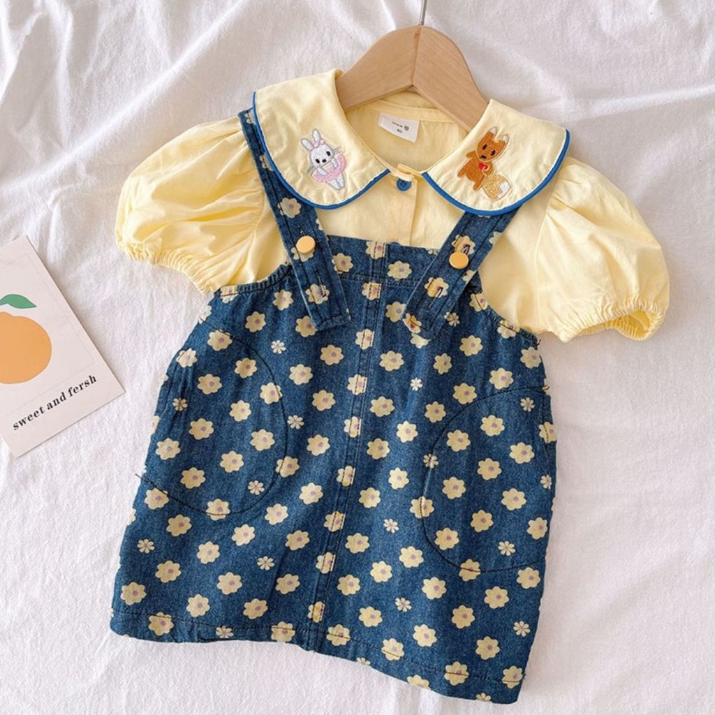 Áo Sơ Mi Cotton Tay Ngắn Cổ Búp Bê Thêu Họa Tiết Hoạt Hình Dễ Thương Phong Cách Hàn Quốc Cho Bé Gái