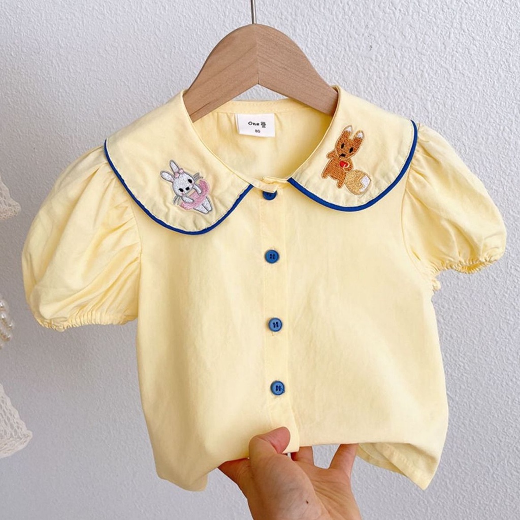 Áo Sơ Mi Cotton Tay Ngắn Cổ Búp Bê Thêu Họa Tiết Hoạt Hình Dễ Thương Phong Cách Hàn Quốc Cho Bé Gái