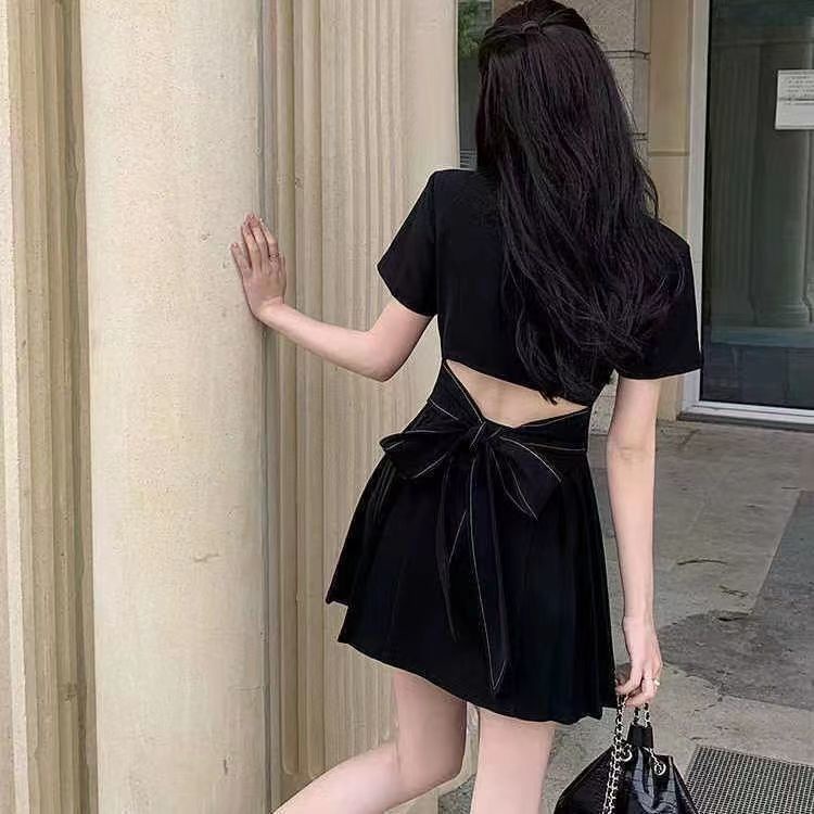 Đầm Cổ Vest Hở Lưng Thắt Nơ Eo Thời Trang Mùa Hè 2023 Cho Nữ