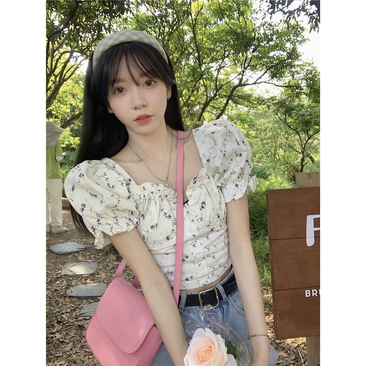 Cozok Áo Sơ Mi Tay Phồng Ngắn Cổ Bẻ In Hoa Dễ Phối Đồ Hợp Thời Trang