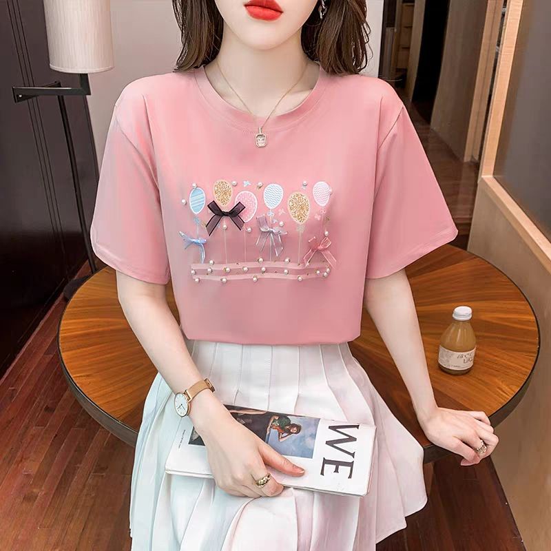 Qwrp Hàng Có Sẵn Áo Thun Cotton Nguyên Chất Tay Ngắn Cổ Tròn Đính Hạt In Họa Tiết Sáng Tạo Phong Cách Mùa Hè Mới Cho Nữ
