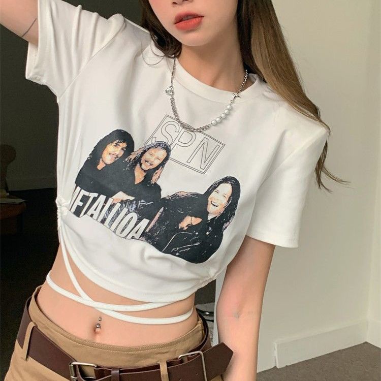 Áo Thun Ngắn Tay Thiết Kế Mỏng Phối Dây Rút Phong Cách Mỹ Hàng Mới Bán Chạy Dành Cho Bạn Nữ