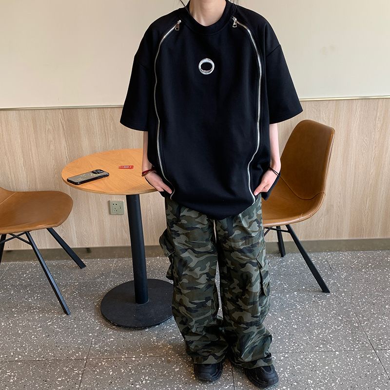 Áo Thun Tay Ngắn Cổ Tròn Dáng Rộng Phối Khóa Kéo Thiết Kế Không Đồng Đều Cao Cấp Thời Trang Mùa Hè Cho Nữ