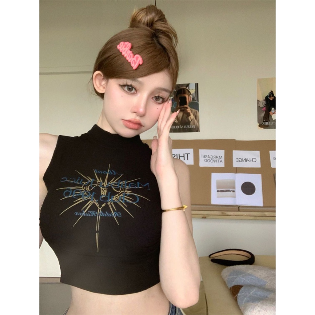 Bán Chạy ~ Áo Croptop Hai Dây Ôm Dáng Vừa Vặn Không Tay Ngắn Hình Chữ I Màu Trơn Phong Cách Retro Mỹ Cho Nữ