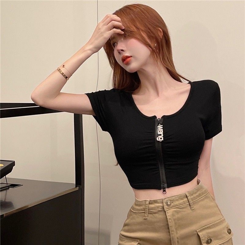 Hàng Mới Về Bán Chạy ~ Áo Cardigan Ngắn Tay Ôm Dáng Cổ Thấp Phối Khóa Kéo Thiết Kế Tinh Tế Quyến Rũ Cho Nữ