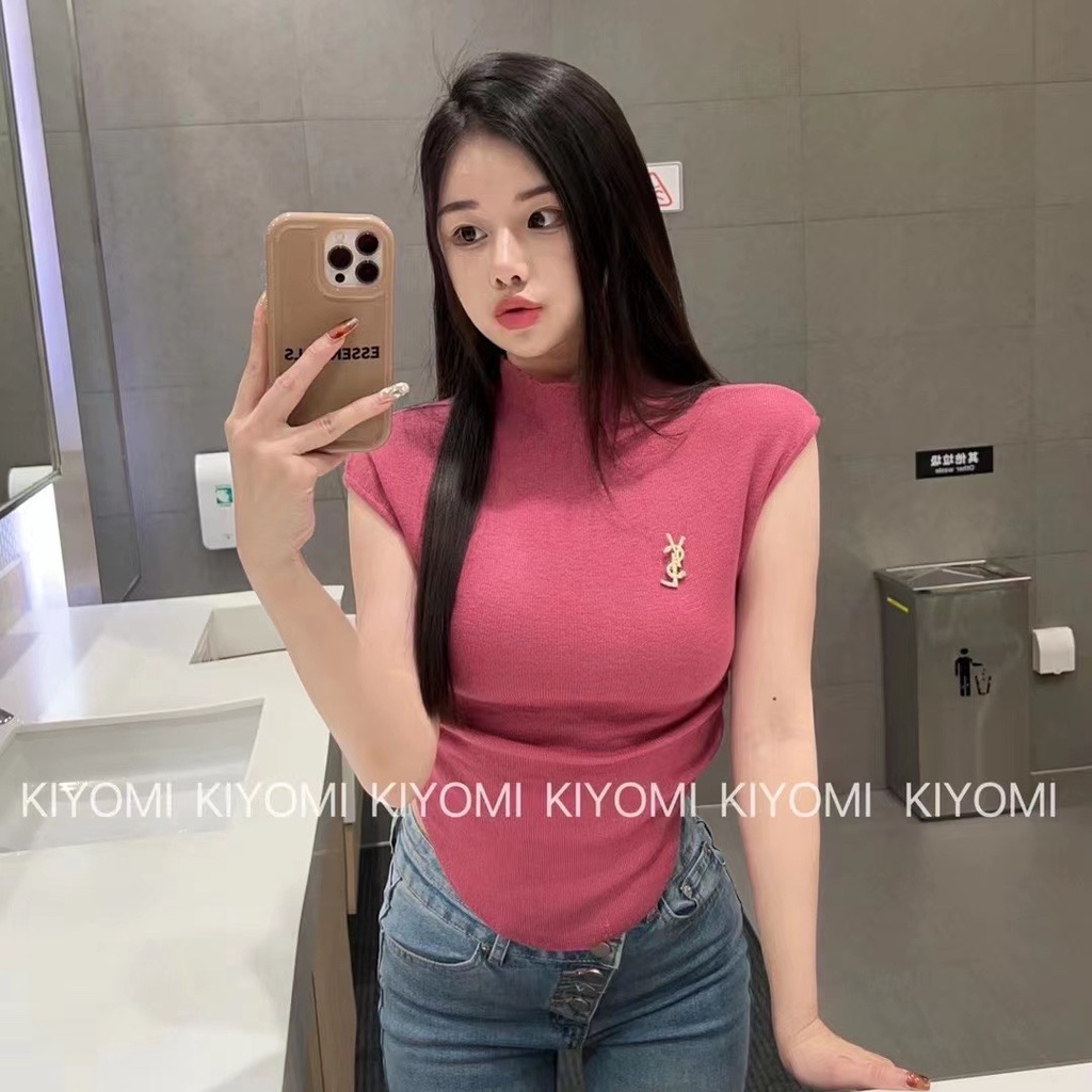 Áo Thun Dệt Kim Mỏng Tay Ngắn Cổ Cao Dáng Ôm Thời Trang Mùa Hè Cho Nữ