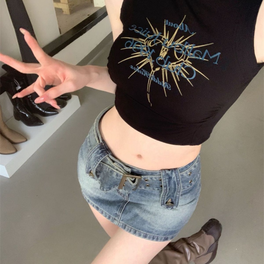 Bán Chạy ~ Áo Croptop Hai Dây Ôm Dáng Vừa Vặn Không Tay Ngắn Hình Chữ I Màu Trơn Phong Cách Retro Mỹ Cho Nữ