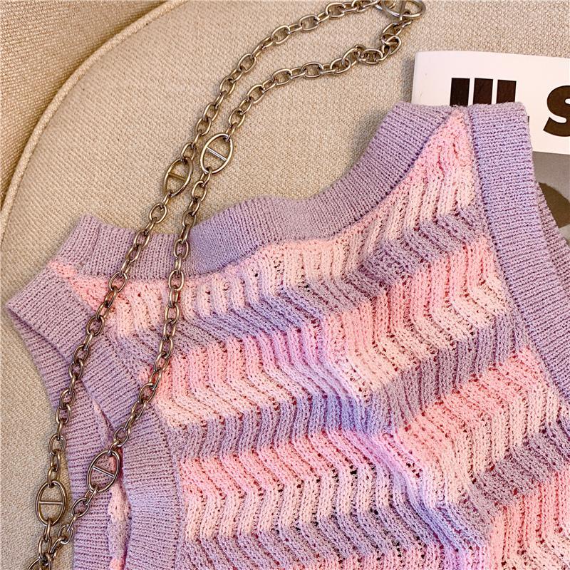 Áo Dệt Kim Hai Dây Dáng Ôm Ngắn Họa Tiết Kẻ Sọc Màu Hồng Thời Trang Mùa Hè Xinh Xắn Cho Nữ