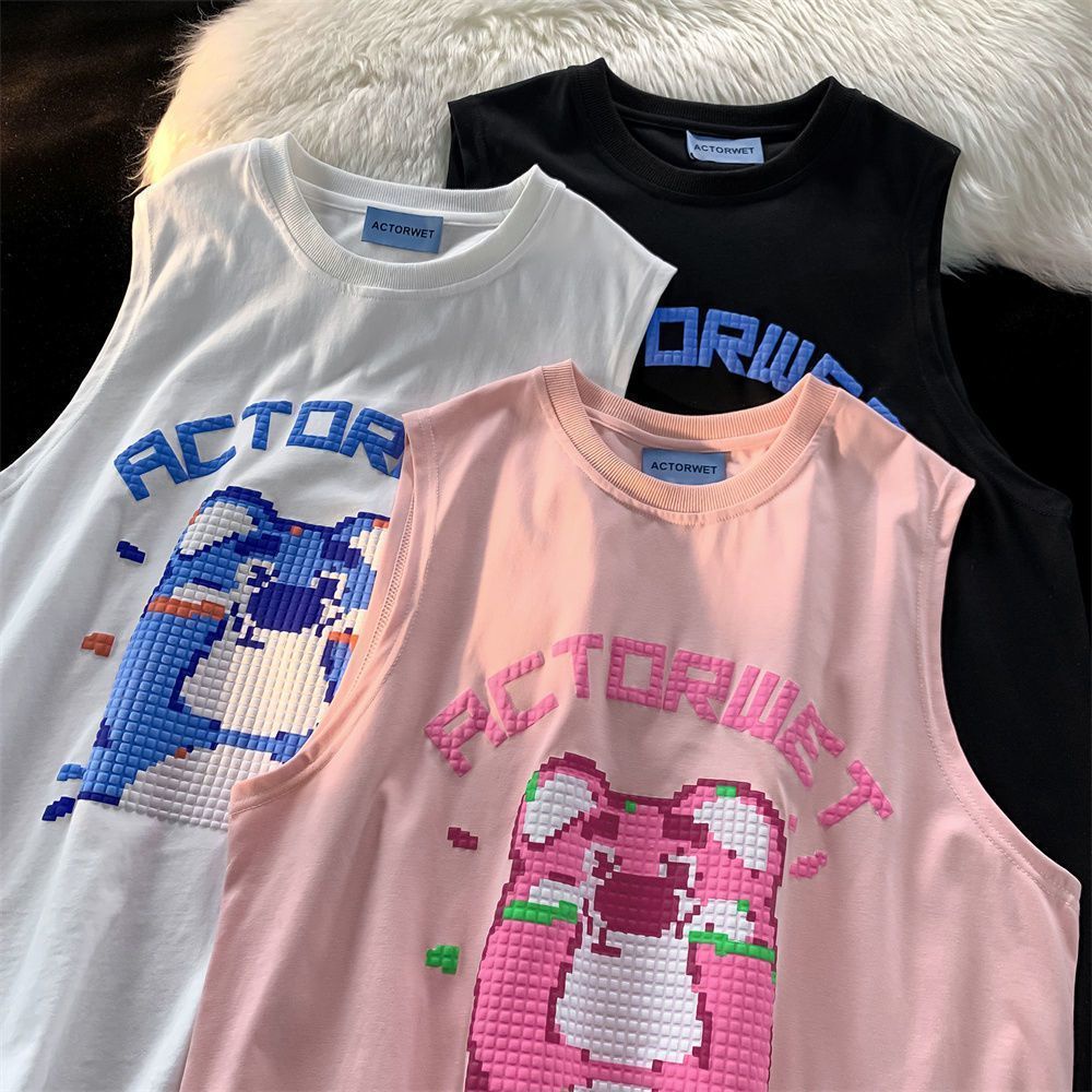 Áo Thun Thể Thao Sát Nách Dáng Rộng Vải Lụa Lạnh In Hoạt Hình Gấu / Búp Bê Barbie Kiểu Hip-Hop Thời Trang Mùa Hè Cho Nam Và Nữ