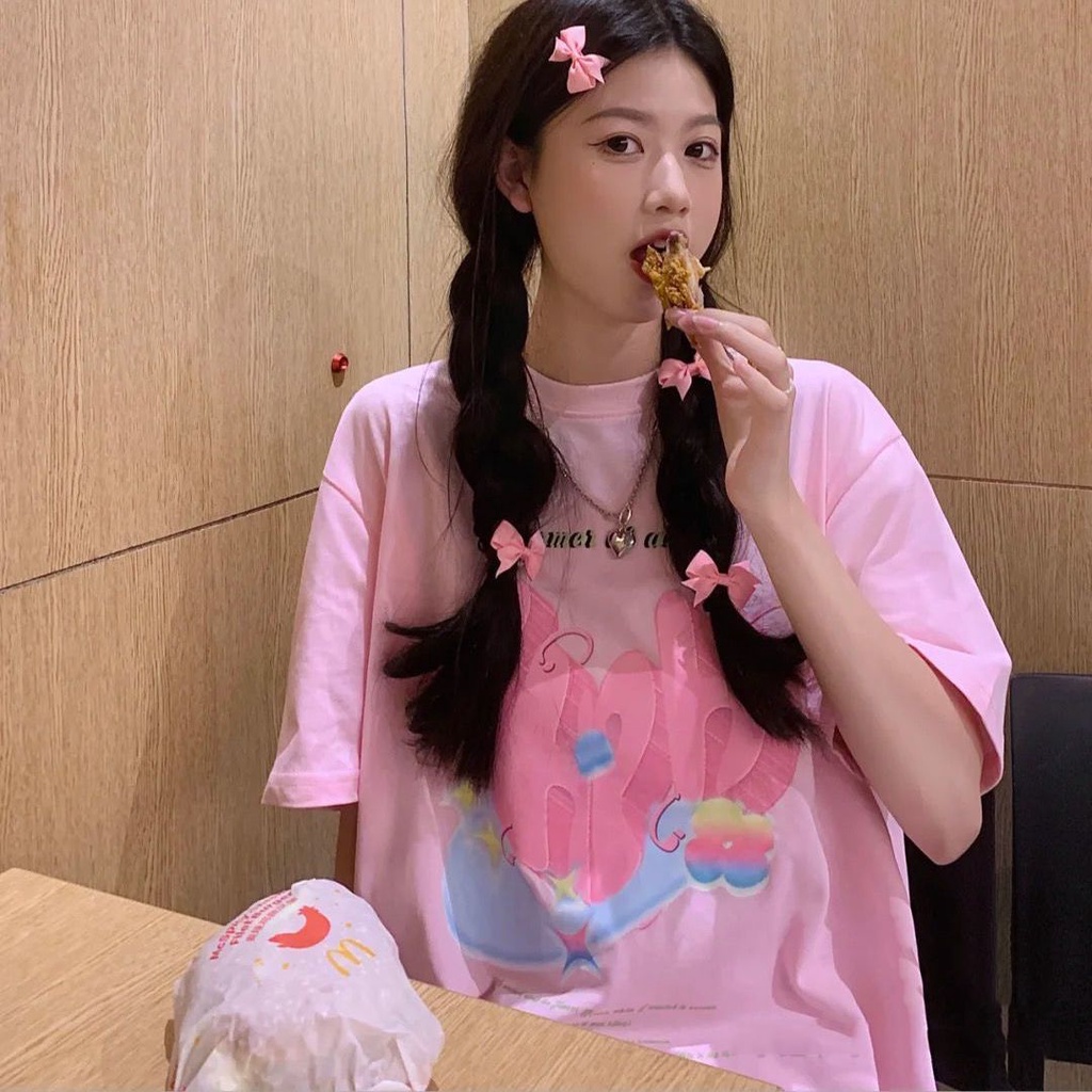 Áo Thun 100% Cotton Tay Ngắn Dáng Rộng Phong Cách Hàn Quốc Thời Trang Mùa Hè Cho Nữ