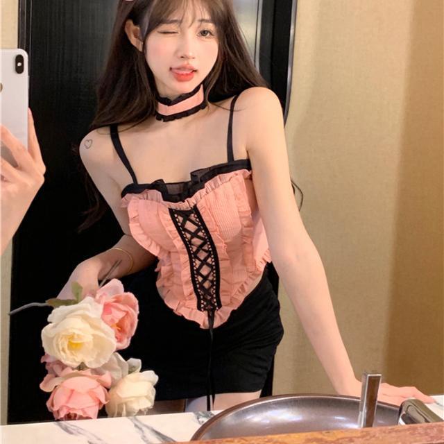 Bán Chạy ~ Áo Hai Dây Ngắn Màu Hồng Hạng Nặng Gợi Cảm Cho Nữ