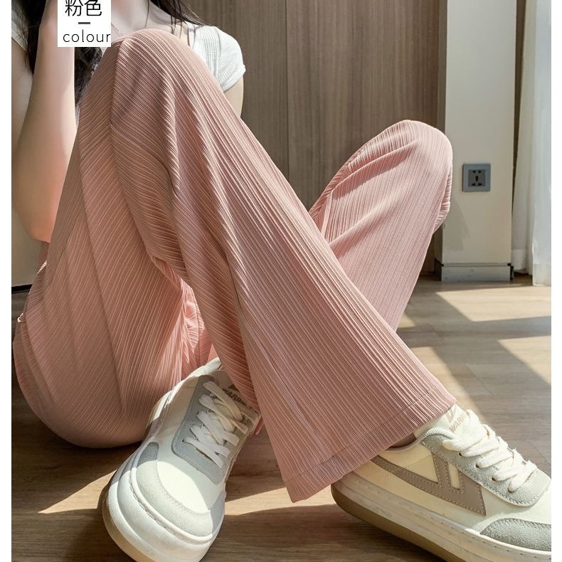 Quần Dài Vải Lụa Lạnh Mỏng Lưng Cao Ống Rộng Màu Đen Chống Nắng Thời Trang Mùa Hè Cho Nữ